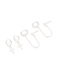 Silver Cubic Zirconia Cross & Chain Earrings 2-Pack