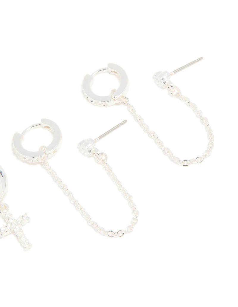 Silver Cubic Zirconia Cross & Chain Earrings 2-Pack