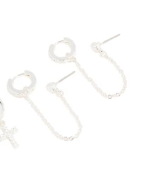 Silver Cubic Zirconia Cross & Chain Earrings 2-Pack