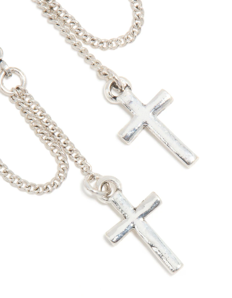 Antique Silver Chain Cross Drop Earrings