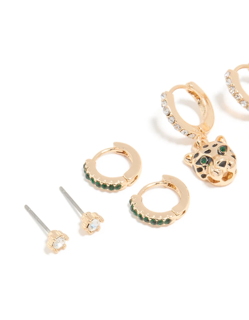 Boucles d’oreilles panthère et huggie en zircone cubique en émeraude dorée