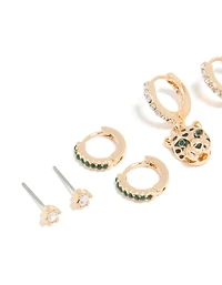 Boucles d’oreilles panthère et huggie en zircone cubique en émeraude dorée