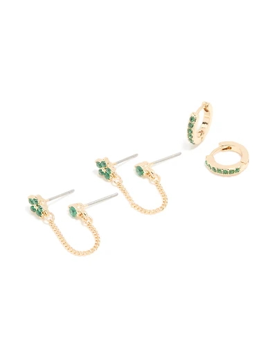 Gold Green Cubic Zirconia Floral Chain & Huggie Earrings 2-Pack