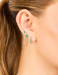 Gold Green Cubic Zirconia Floral Chain & Huggie Earrings 2-Pack
