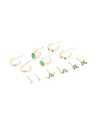 Gold Green Diamante Cross & Snake Earrings 6-Pack