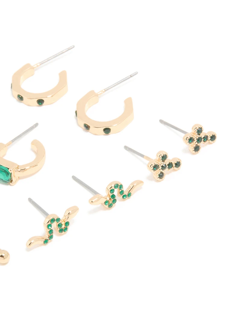 Gold Green Diamante Cross & Snake Earrings 6-Pack
