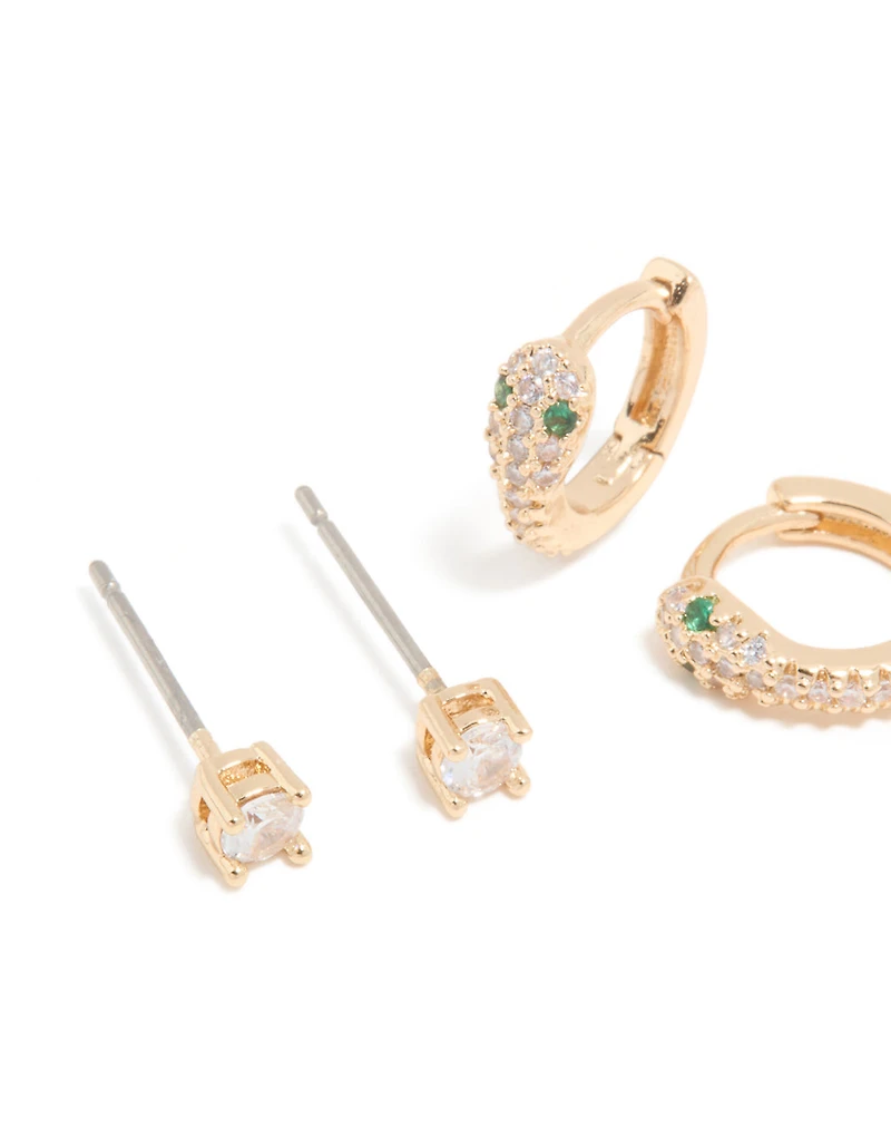 Gold Cubic Zirconia Cross & Snake Earrings 3-Pack