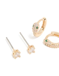 Gold Cubic Zirconia Cross & Snake Earrings 3-Pack