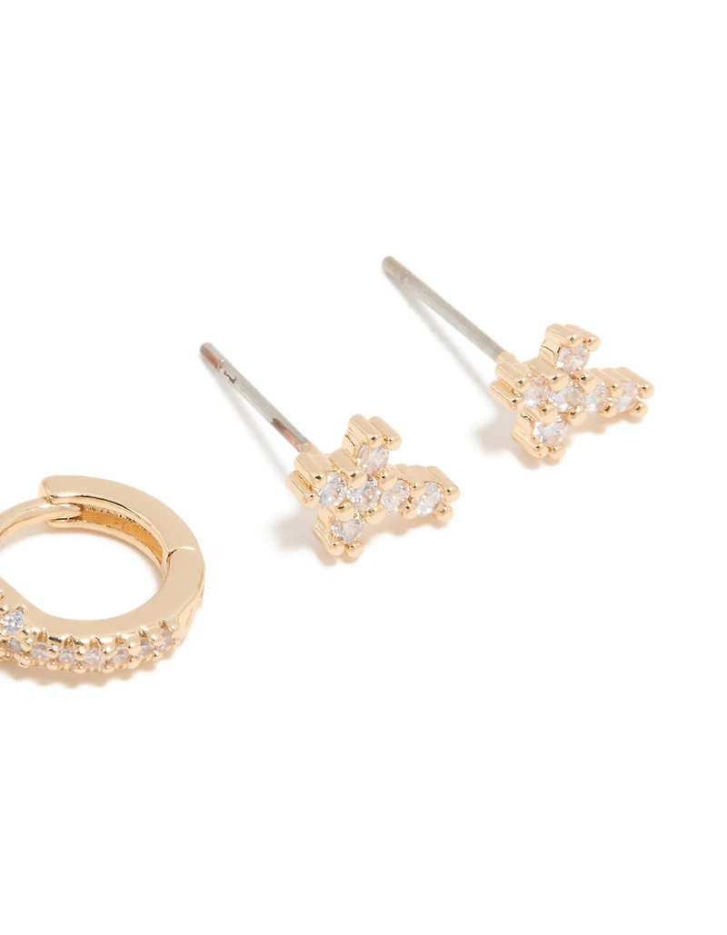 Paquet de 3 boucles d’oreilles croix cubique en zircone et serpent en zircone cubique en or