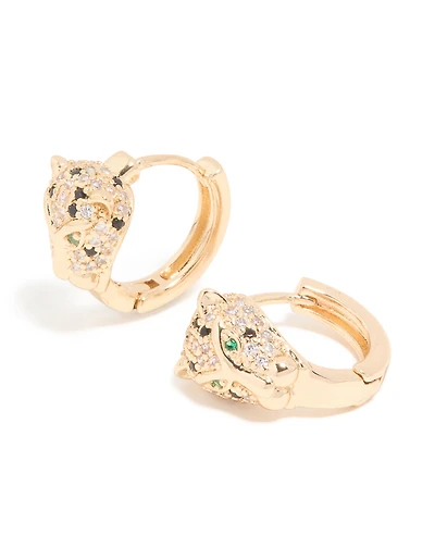 Gold Cubic Zirconia Panther Huggie Earrings