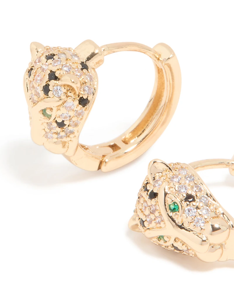 Gold Cubic Zirconia Panther Huggie Earrings