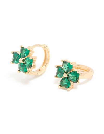 Gold Emerald Cubic Zirconia Clover Huggie Earrings