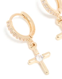 Gold Cubic Zirconia Cross Drop Huggie Earrings