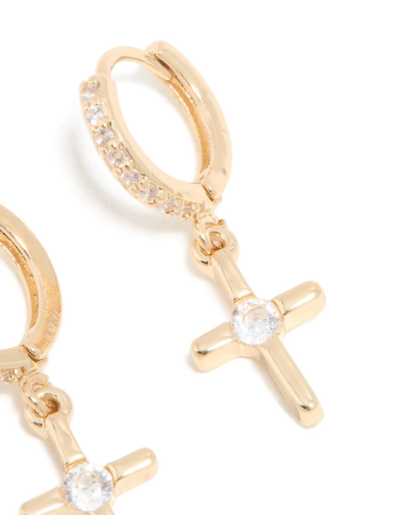 Gold Cubic Zirconia Cross Drop Huggie Earrings