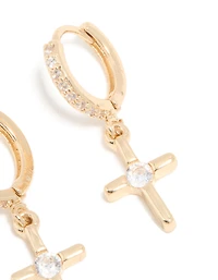 Gold Cubic Zirconia Cross Drop Huggie Earrings
