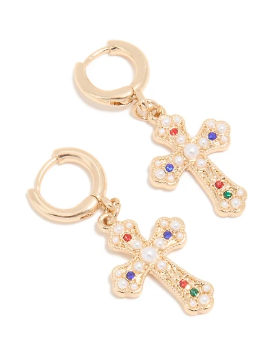 Gold Semi-Precious Stone & Pearl Baroque Cross Huggie Earrings