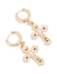 Gold Semi-Precious Stone & Pearl Baroque Cross Huggie Earrings
