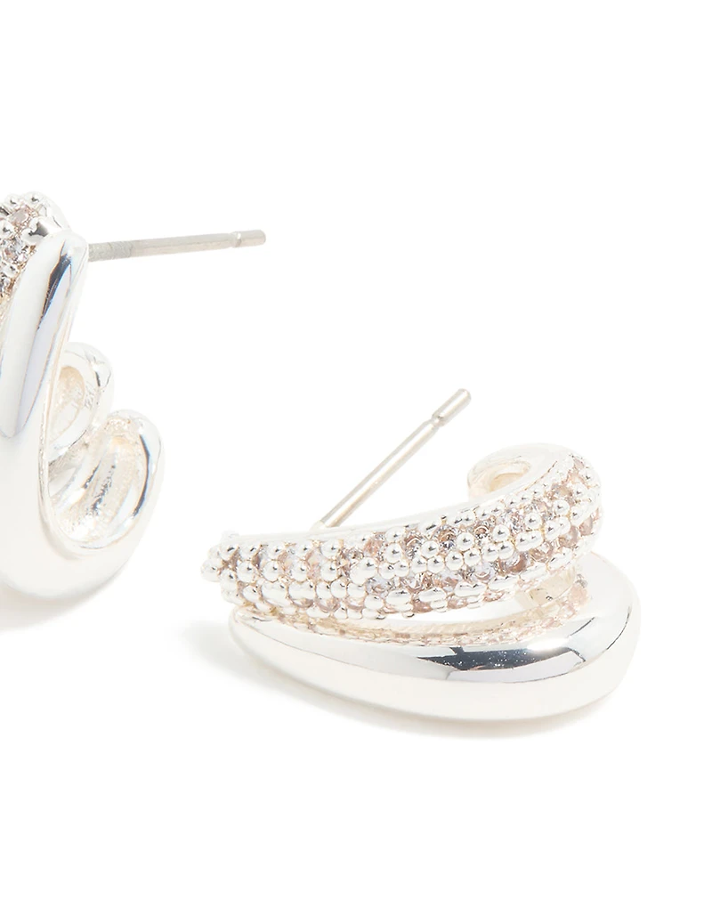 Silver Plated Mini Cubic Zirconia Double Hoop Earrings