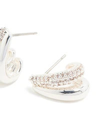 Silver Plated Mini Cubic Zirconia Double Hoop Earrings