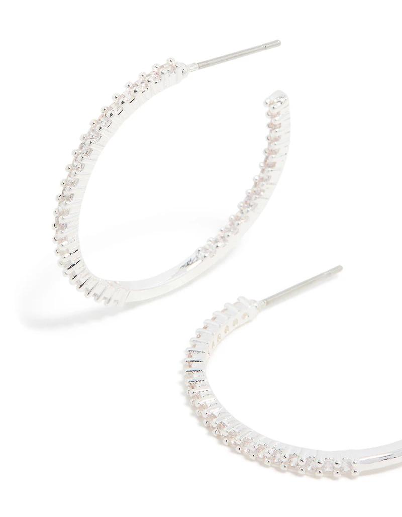 Silver Plated Thin Cubic Zirconia Hoop Earrings