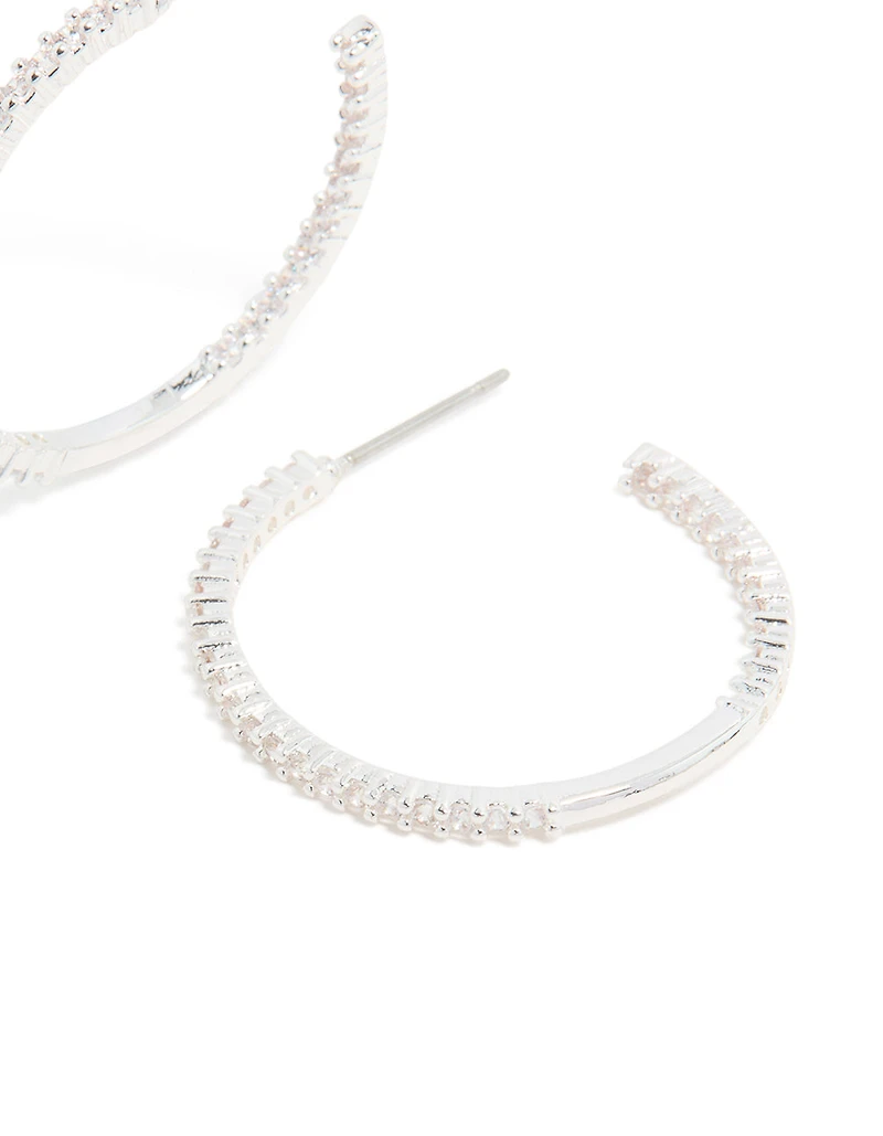 Silver Plated Thin Cubic Zirconia Hoop Earrings