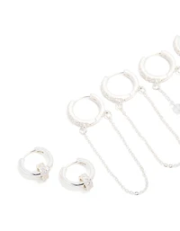 Silver Plated Cubic Zirconia Chained & Rondell Huggie Earrings 4-Pack