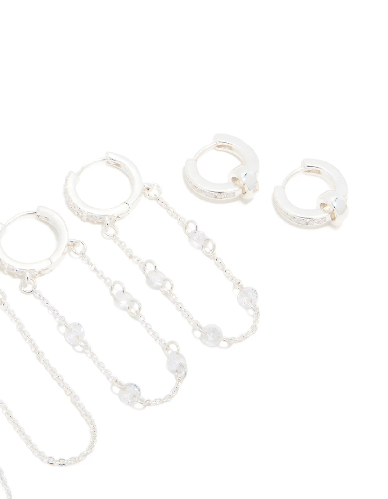 Silver Plated Cubic Zirconia Chained & Rondell Huggie Earrings 4-Pack