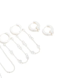 Silver Plated Cubic Zirconia Chained & Rondell Huggie Earrings 4-Pack