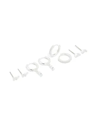 Silver Plated Cubic Zirconia Dainty Stud & Huggie Earrings 4-Pack