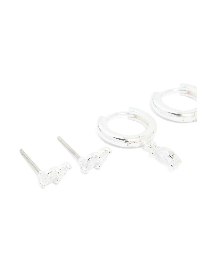 Silver Plated Cubic Zirconia Dainty Stud & Huggie Earrings 4-Pack
