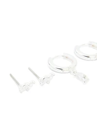 Silver Plated Cubic Zirconia Dainty Stud & Huggie Earrings 4-Pack