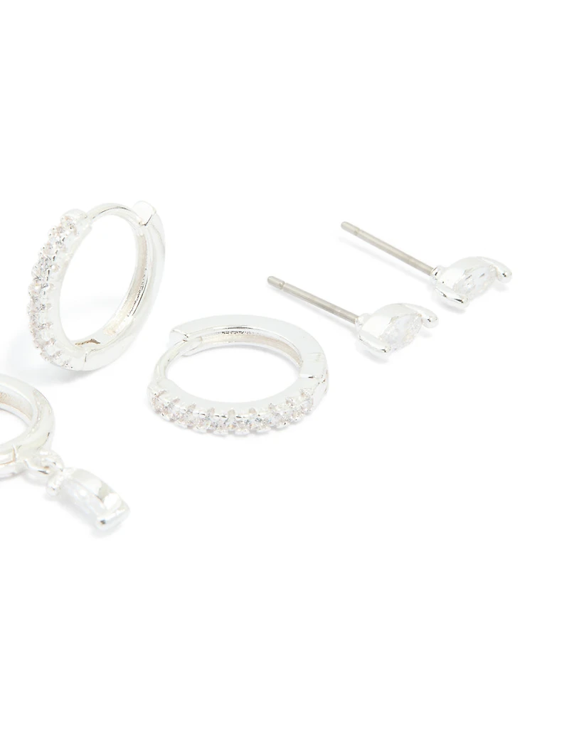 Silver Plated Cubic Zirconia Dainty Stud & Huggie Earrings 4-Pack