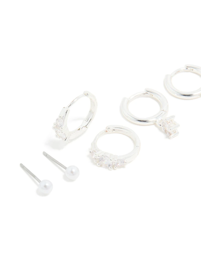 Silver Plated Cubic Zirconia & Pearl Earrings 4-Pack