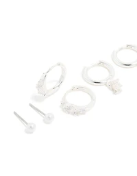 Silver Plated Cubic Zirconia & Pearl Earrings 4-Pack