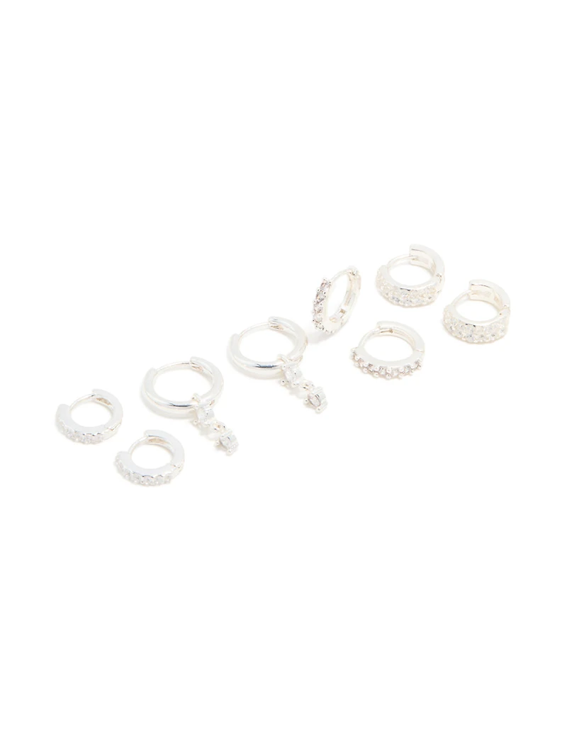 Silver Plated Cubic Zirconia Mini Huggie Earrings 4-Pack