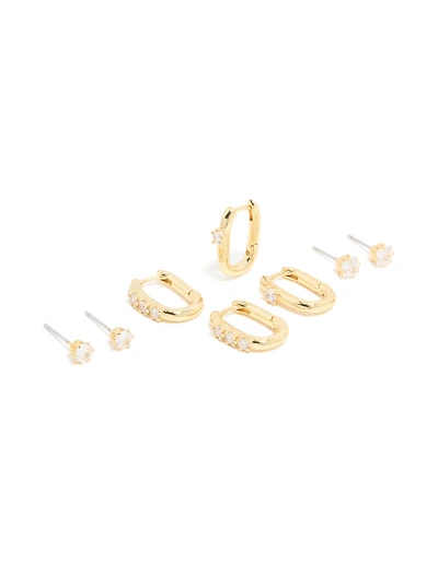 Gold Plated Cubic Zirconia Stud & Huggie Earrings 4-Pack