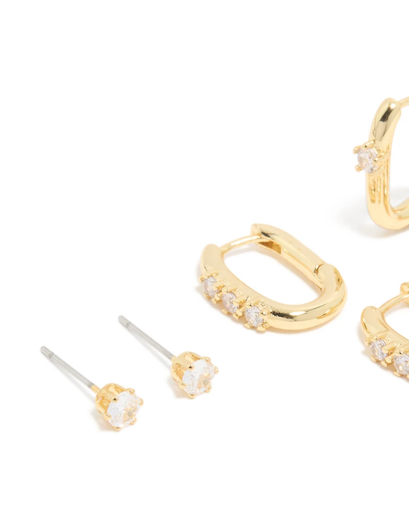 Gold Plated Cubic Zirconia Stud & Huggie Earrings 4-Pack