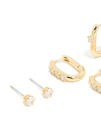 Gold Plated Cubic Zirconia Stud & Huggie Earrings 4-Pack