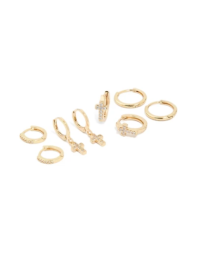 Gold Plated Cubic Zirconia Cross Huggie Earrings 4-Pack