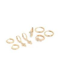 Gold Plated Cubic Zirconia Cross Huggie Earrings 4-Pack