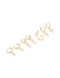 Gold Plated Cubic Zirconia & Cross Drop Huggie Earrings 4-Pack