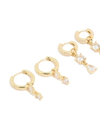 Gold Plated Cubic Zirconia & Cross Drop Huggie Earrings 4-Pack