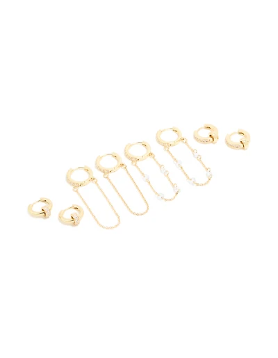 Gold Plated Cubic Zirconia Chained & Rondell Huggie Earrings 4-Pack