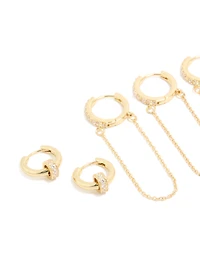 Gold Plated Cubic Zirconia Chained & Rondell Huggie Earrings 4-Pack