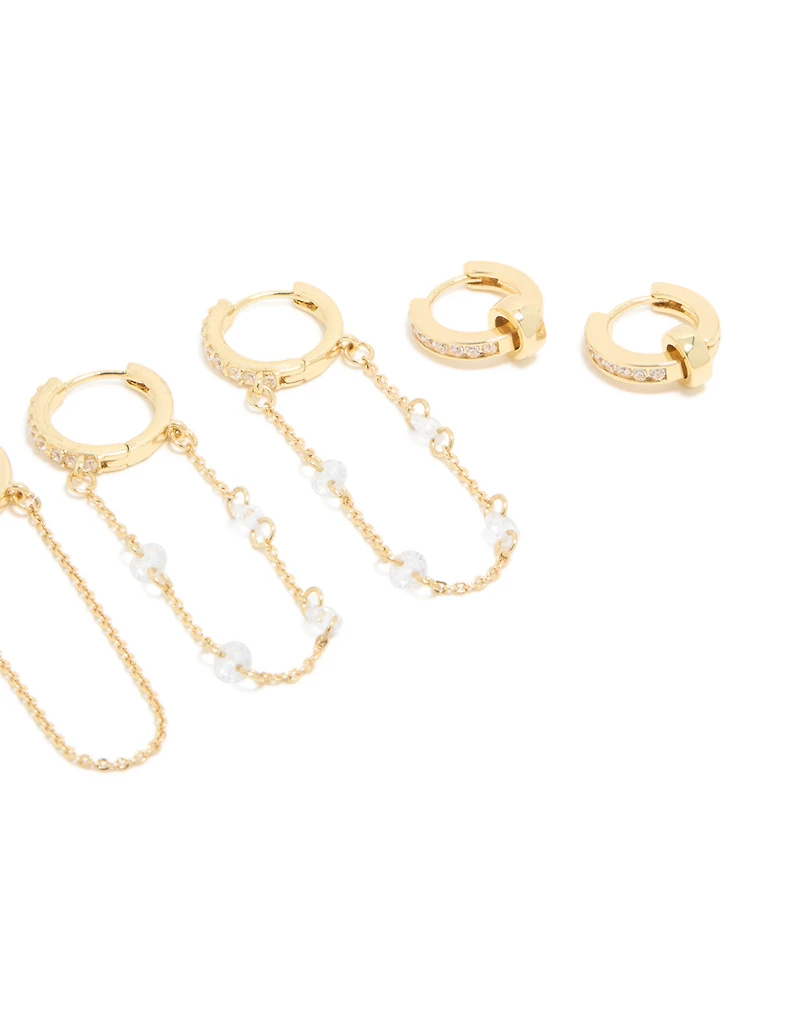 Gold Plated Cubic Zirconia Chained & Rondell Huggie Earrings 4-Pack