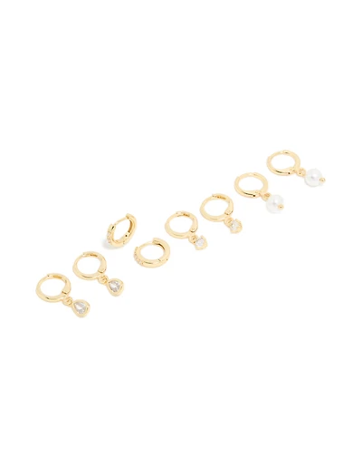 Gold Plated Pearl & Cubic Zirconia Drop Huggie Earrings 4-Pack