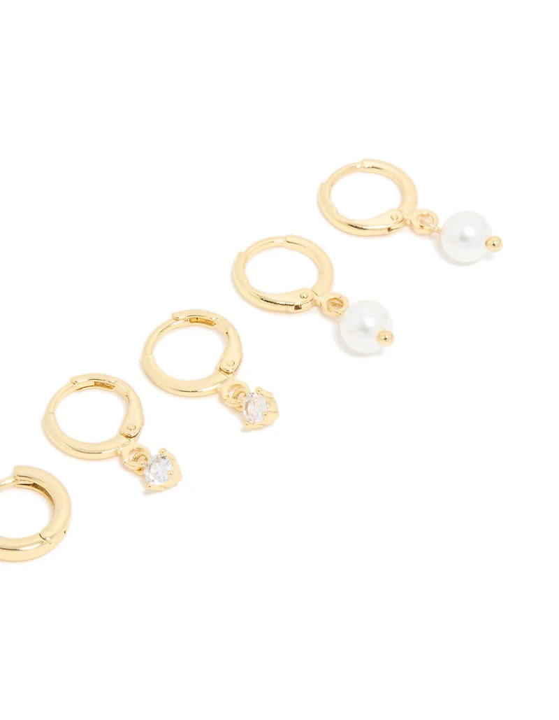 Gold Plated Pearl & Cubic Zirconia Drop Huggie Earrings 4-Pack