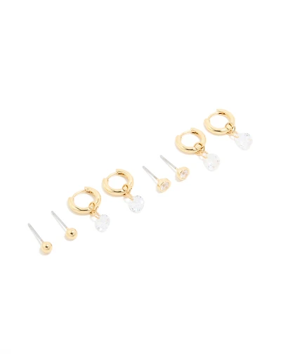 Gold Plated Cubic Zirconia Droplet Huggie & Stud Earrings 4-Pack