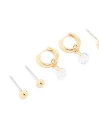 Gold Plated Cubic Zirconia Droplet Huggie & Stud Earrings 4-Pack