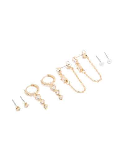 Gold Plated Cubic Zirconia Lovely Chain & Stud Earrings 4-Pack